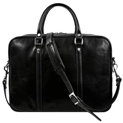 Afbeelding van Time Resistance Leren Aktetas Heren en Dames Messengertas Laptoptas voor laptop tot 13&quot; Handgemaakt Italiaanse Volnerfleer, Zwart
