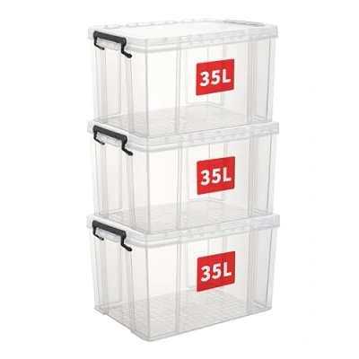 Afbeelding van Cetomo 35 * 3 Plastic Opbergdoos, Draagtas, Organiseren Container met Duurzaam Deksel en Veilige Sluitende Gespen, Stapelbaar Nestable, 3Pack, duidelijk Zwarte Gesp