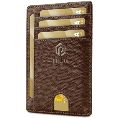 Afbeelding van Slanke Portemonnee voor Heren RFID Blokkerende Minimalistische Kaarthouder en Dames met Geschenkdoos, Slim Wallet Card Holder Koffie Bruin