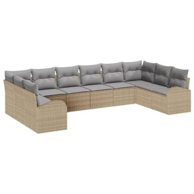 Afbeelding van vidaXL 10 delige Tuin Sofaset met Kussens Beige Poly Rattan, 2 zits Sofa Opslag &amp; Rattan