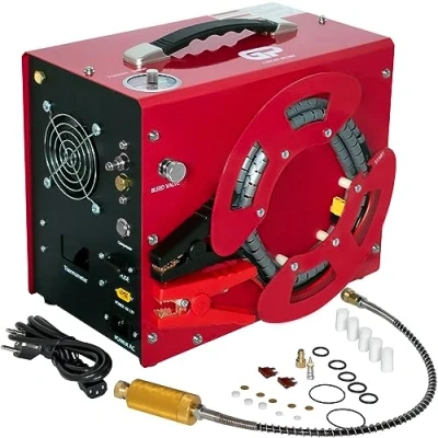Afbeelding van TUXING PCP Luchtcompressor, 4500Psi/30Mpa, Auto Stop, Olie/Watervrij, 220V AC of 12V Batterij, Uniek Verticaal+Draadspoel Draagbaar Ontwerp, 8MM Snelkoppeling voor Paintball/PCP Luchtbuks/Tank