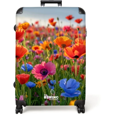 Afbeelding van NoBoringSuitcases.com® Koffer groot Reiskoffer lichtgewicht Veld met kleurrijke klaprozen Rolkoffer 4 wielen Grote trolley XL 98 liter bagage