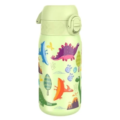 Afbeelding van ION8 Geïsoleerde Stalen Waterfles, 320 ml/11 oz, Lekvrij, Makkelijk te Openen, Veilige Sluiting, Vaatwasserbestendig, Draaghandvat, Hygiënische Flip Cover, Reliëfprint, Ontwerp Dinosaurus Drinkfles