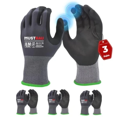 Afbeelding van Mustbau 3 paar werkhandschoenen met touchscreen, nitril handschoenen, slijtvast, uitstekende grip, geschikt voor tuinieren, mechanica, bouwplaats (grijs, M)