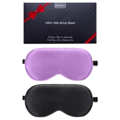 Afbeelding van zijden slaapmasker, 2 pack 100% echt natuurlijk, puur oogmasker met verstelbare riem, oogslaapmasker, BeeVines Eye Sleep Shade Cover voor zomerreizen Vermindert gezwollen ogen (zwart en paars)
