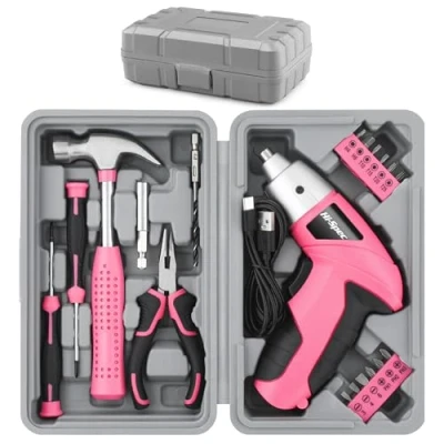 Afbeelding van Hi Spec 19 delige 3.6V roze USB kleine accuschroevendraaier &amp; DIY gereedschapsset. Draadloze, oplaadbare elektrische schroevendraaier en compacte handgereedschapskist
