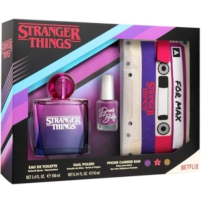 Afbeelding van NETFLIX Stranger Things cadeauset: eau de toilette 100 ml, nagellak en telefoonhoes in retro cassettelook voor meisjes