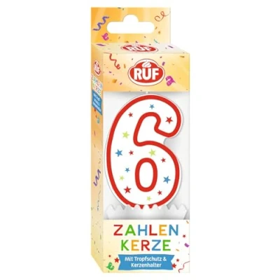 Afbeelding van RUF cijferkaars nummer 6, rode verjaardagskaars met kleurrijke sterretjes, hoogwaardige jubileumkaars druppelbescherming, ideaal als taartdecoratie, 1 stuk