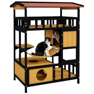 Afbeelding van PawHut Kattenhuis van hout, kattenhol met platforms, hangbrug, kattenhok voor maximaal 2 katten, binnen en buiten, geel