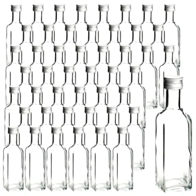 Afbeelding van gouveo Set van 48 glazen flessen, 100 ml, maraska, met schroefsluiting, zilverkleurig, kleine fles 0,1 l, om te vullen, lege fles, vierkant, voor likeur, jenever en olie, MFET100S
