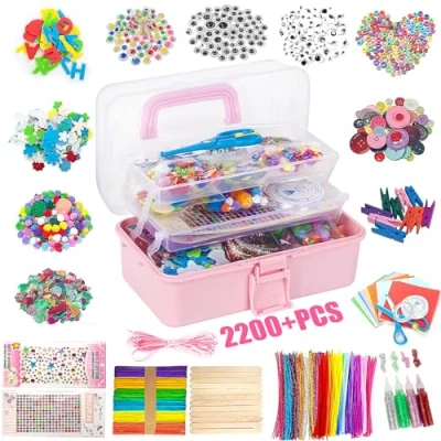 Afbeelding van Withosent Knutselset voor kinderen, doe het zelf knutselspullen, knutselsets kinderknutselkoffer, knutselaccessoires kinderpijpenragers, kullerogen, pompons, kralen, scrapbooking