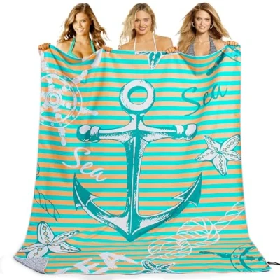 Afbeelding van KUOGAS Strandlaken200x140cm XXL, grote microvezel sneldrogende handdoek, zandvrije badhanddoek, stranddeken (anker)
