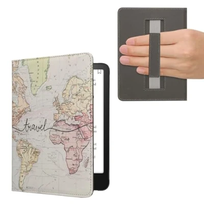 Afbeelding van kwmobile E reader hoesje geschikt voor Amazon Kindle Paperwhite (12. Gen 2024)/Kindle Colorsoft hoes flip case met magneetsluiting Ereader cover Travel Wereldkaart design in zwart / meerkleurig