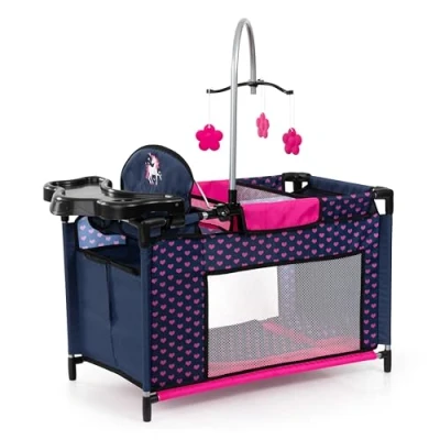 Afbeelding van Bayer Design 62654AA Poppenbed met geïntegreerde kinderstoel, kastcompartiment, mobiel, kussen, poppenaccessoires