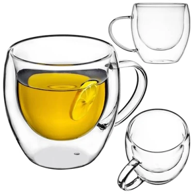 Afbeelding van KADAX Dubbelwandige glazen beker, 250 ml, glas met brede handgreep, drinkglas voor sap, thee, koffie, cappuccino, water, ijsthee, ijs, universeel glas, theeglas, vacuüm (1)