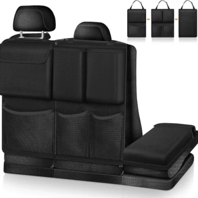 Afbeelding van Auto achterbank organizer, kofferbakorganizer, afneembare rugleuningbescherming met grote capaciteit, vakken voor vrachtaccessoires kinderen, SUV, minivan, jeep, zwart/zwart