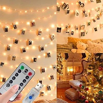 Afbeelding van Fotoclip string Lights, 100 LED 10M koperdraad opknoping fee lichten met afstandsbediening, USB of batterij aangedreven, decoratie voor slaapkamer kerst bruiloft feest (50 clip &amp; 25 nagels, warm wit, 8 modi)