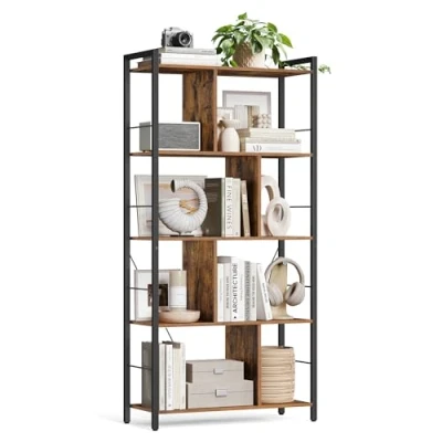 Afbeelding van VASAGLE Boekenkast 5 verdiepingen woonkamer plank industriële opbergplank met open vakken voor thuiskantoor, slaapkamer, stijl, rustiek bruin en zwart LBC121B01