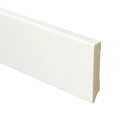 Afbeelding van Sfeerplinten MDF Moderne Plint 70x12mm Voorgelakt RAL 9016 Wit Per 5 stuks Lengte 2.4m Voordelig plinten kopen Eenvoudige installatie met montagekit of spijkers