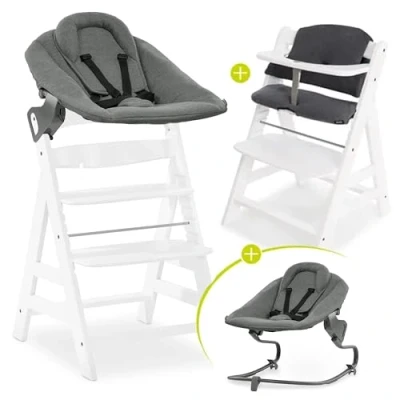 Afbeelding van Hauck Alpha Plus Newborn Set met premium bouncer, houten babystoel vanaf de geboorte ligfunctie, extra plat opzetstuk voor pasgeborenen en katoenen zitkussen, wit