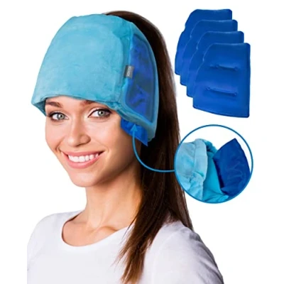 Afbeelding van ICEHOF Koelmuts EXTREEM met 4 koelaccu&#039;s incl. 3D masker haaropening en elastiek, afneembare koelpads verkoelende gelmuts voor hoofdhuid bij chemotherapie Ice Cap migraine hoofdpijn blauw