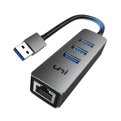 Afbeelding van uni USB Ethernet adapter [aluminium behuizing] 3.0 hub met RJ45 netwerk LAN voor Windows 11/10/8.1/8/7, MacBook, iMac, Surface, Chromebook etc.