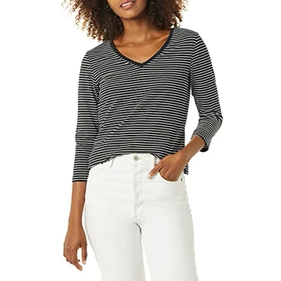 Afbeelding van Amazon Essentials Women&#039;s T shirt met driekwartmouwen en V hals in klassieke pasvorm (verkrijgbaar grote maten), Zwart Wit Streep, XXL