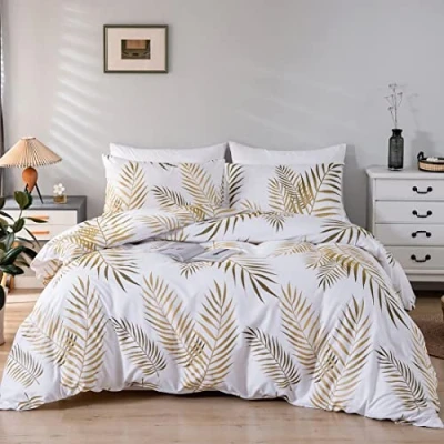 Afbeelding van Damier Beddengoed, 200 x 220 cm, 3 delige set, goud wit met bladeren, zachte microvezel, dekbedovertrek verborgen ritssluiting en 2 kussenslopen 80 bladermotief