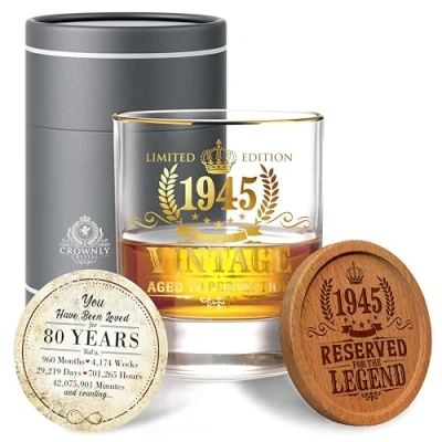 Afbeelding van CROWNLY CRYSTAL® 1945 Verjaardag 80 Jaar Man Whiskeyglazen Gepersonaliseerde Cadeaus Mannen Decoratie 80e Verjaardagscadeau Voor Vader Cadeau Papa