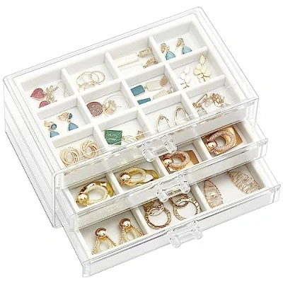 Afbeelding van ProCase Acryl Oorbel Opbergorganizer Sieraden Organizer Doos met 3 Laden, Stapelbare Houder Clear Earring Case Verstelbare Trays voor Vrouwen op Dresser Vanity Warmwit, Lagen