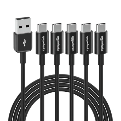 Afbeelding van Amazon Basics USB C naar A 2.0 Snellaadkabel, 5 stuks, snelheid van 480 Mbps, IF gecertificeerd, voor Apple iPhone 15, iPad, Samsung Galaxy, Tablets, Laptops, 1,8 meter, zwart