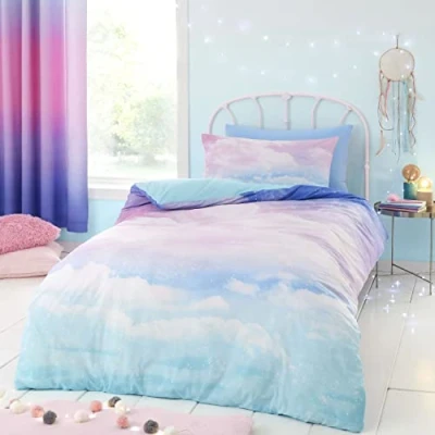 Afbeelding van Catherine Lansfield Ombre Regenboog Wolken Omkeerbaar Eenpersoons Dekbedovertrek Set met Kussensloop Pastel