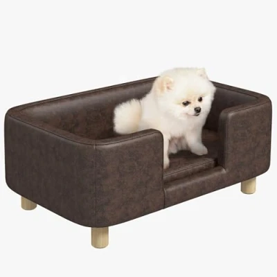 Afbeelding van PawHut Hondenbed voor honden en katten met rand, zacht kussen, poten van massief hout, afmetingen: 74 x 48,5 31 cm, coating microvezel, chocoladebruin
