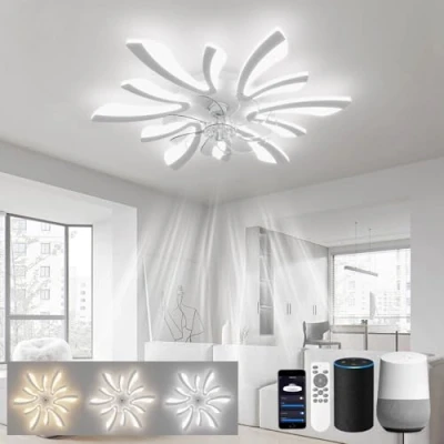 Afbeelding van LJX Kroonluchter plafondventilator, 78 cm, plafondlamp, compatibel met Alexa, timer, stil, 6 snelheden, omkeerbaar, voor slaapkamer, woonkamer, wit