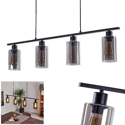 Afbeelding van Hanglamp Hunouri, plafondlamp van zwart metaal, kamerlamp met kappen gerookt glas, 4 x E27, zonder lampen