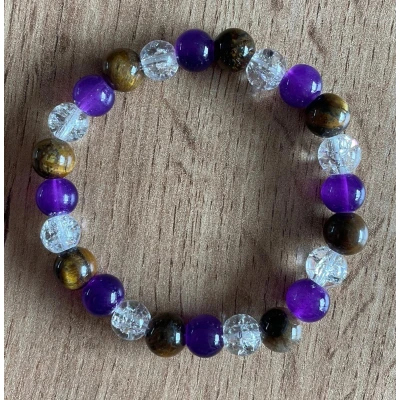 Afbeelding van Energie Cirkel Edelsteen Armband Tijgeroog, Bergkristal &amp; Amethist 8 mm 18 cm