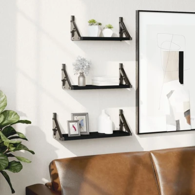 Afbeelding van 3 delige Wandschappenset bewerkt hout zwart