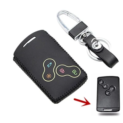 Afbeelding van Happyit Lederen autosleutelhoesje sleutelhanger voor Renault Clio Scenic Megane Duster Sandero Captur Twingo Koleos 4 toetsen afstandsbediening (zwarte lijn)