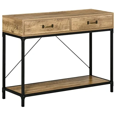 Afbeelding van HOMCOM Consoletafel, bijzettafel, industrieel, afmetingen: 100 x 35 76 cm, met 2 laden en 1 blad in houtlook