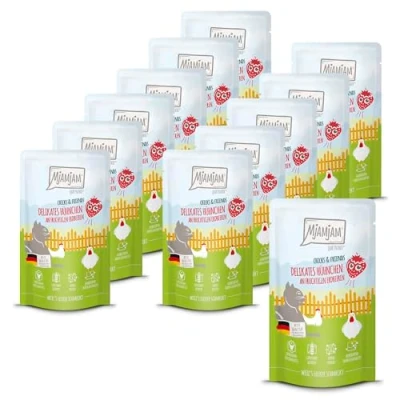 Afbeelding van MjAMjAM Premium natvoer voor katten Quetschie Chicks &amp; Friends delicate kip met fruitige aardbeien, 12 verpakking (12 x 125g), graanvrij