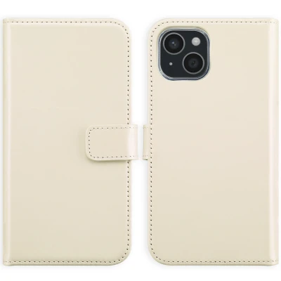 Afbeelding van Apple iPhone 15 Hoesje Echt leder Selencia Bookcase Beige Telefoonhoesje