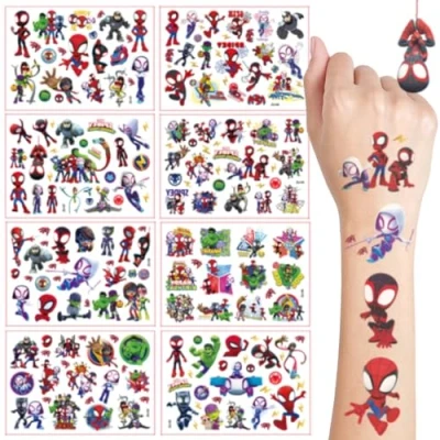 Afbeelding van tijdelijke tatoeages voor kinderen, 8 vellen Spidertatoeages cartoon kindertatoeages, decoratie, kinderverjaardag, feest, cadeau, klein, huidvriendelijke