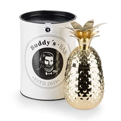 Afbeelding van Buddy&#039;s Bar 1 Ananas cocktailbeker, 450 ml, Pineapple mok, hoogwaardige roestvrij stalen beker, geschikt voor levensmiddelen, cocktailbeker incl. geschenkdoos, stuk, goud gepolijst