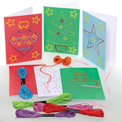 Afbeelding van Baker Ross FE942 Kerst borduur kaarten sets Pak van 6, maak je eigen kerstkaarten, inleiding tot rijgen voor beginners, educatief handwerk kinderen
