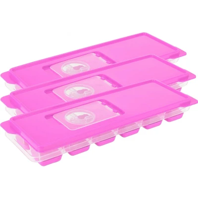 Afbeelding van Set van 3x stuks trays met ijsklontjes/ijsblokjes vormpjes 12 vakjes kunststof roze afsluitdekse IJsblokjesvormen