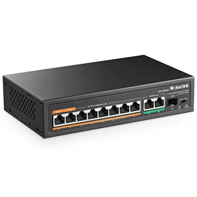 Afbeelding van MokerLink 11 poorts Gigabit PoE switch met 8 PoE+ poort, 2 uplink, 1 SFP 120 W AI detectie, Qos, plug &amp; play netwerkswitch zonder ventilator