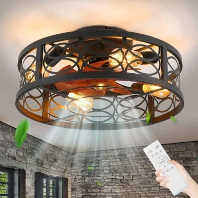 Afbeelding van Plafondventilator met verlichting, vintage, E27, plafondlamp ventilator, zwart, ijzeren kooi, afstandsbediening, stille lamp voor woonkamer, slaapkamer, eetkamer