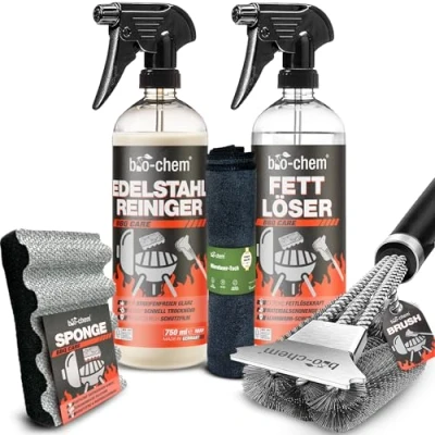 Afbeelding van Bio chem BBQ Cleaner Set 4 delig: 750 ml + roestvrij stalen onderhoud grillborstel microvezeldoek I zachte reiniger voor staal en aluminium op grill of keuken