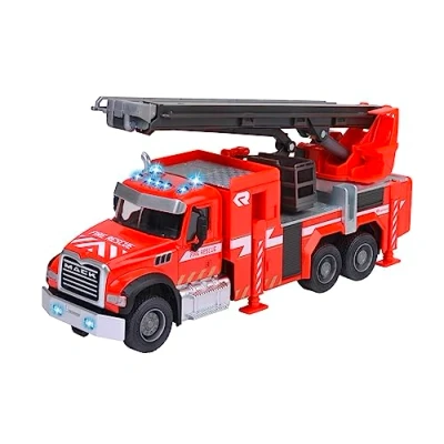 Afbeelding van Majorette Brandweerauto vanaf 3 jaar (22 cm) volledig uitgeruste Mack Granite brandweertruck voor kinderen, met uittrekbare ladder (35 cm), mand, rubberen banden, blauw licht en sirene