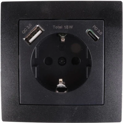 Afbeelding van Benson Wandcontactdoos Stopcontact met Randaarde en USB A/C Inbouw Zwart